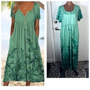 Just Fashion Now Women’s Sz L Jersey Botanical Print buttons pockets Dress Multi